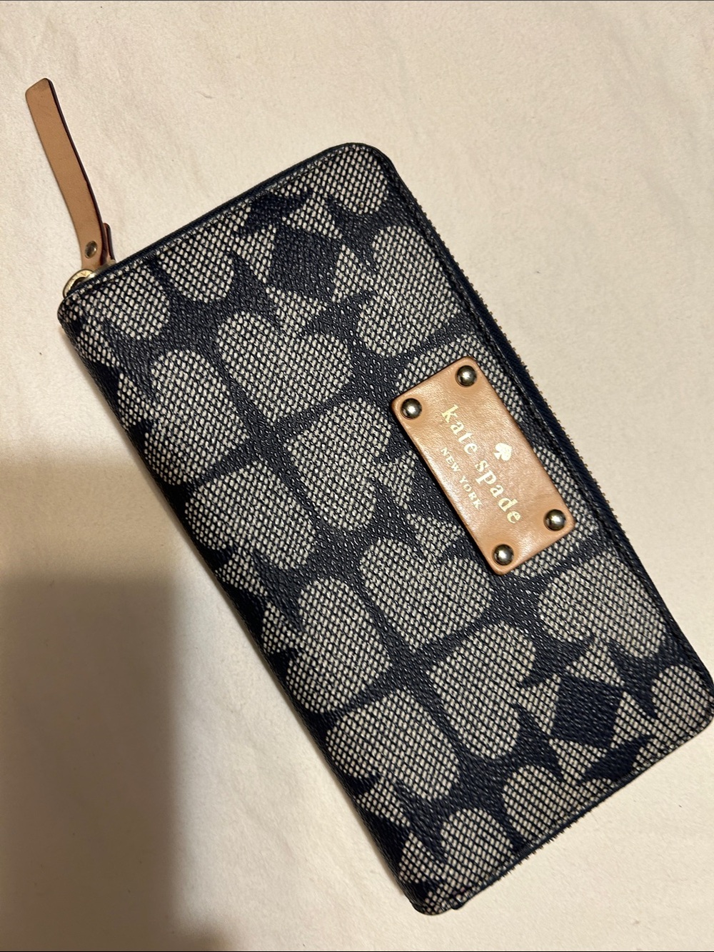 kate spade Black Heart-Pattern Zip Wallet with Tan Trim